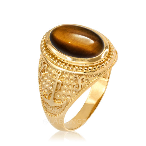 Yellow Gold Marine Anchor Tiger Eye Gemstone Ring