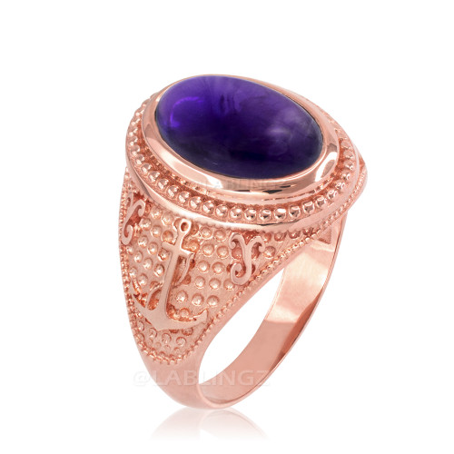 Rose Gold Marine Anchor Purple Amethyst Birthstone Ring