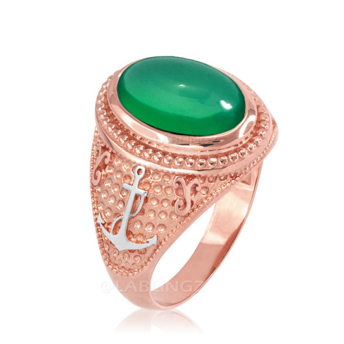 Two-Tone Rose Gold Marine Anchor Green Onyx Gemstone Ring