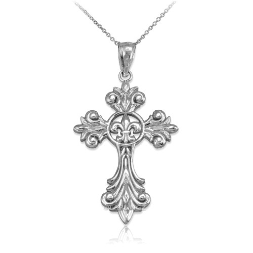 Sterling Silver Fleur-de-Lis Cross Pendant Necklace
