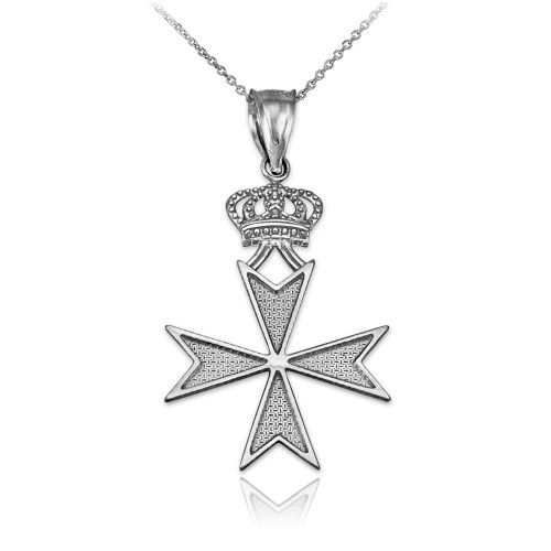 White Gold Maltese Cross Royal Crown Pendant Necklace