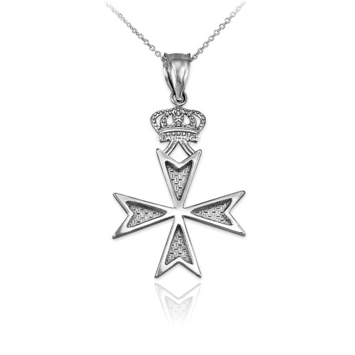White Gold Maltese Cross Crown Charm Necklace
