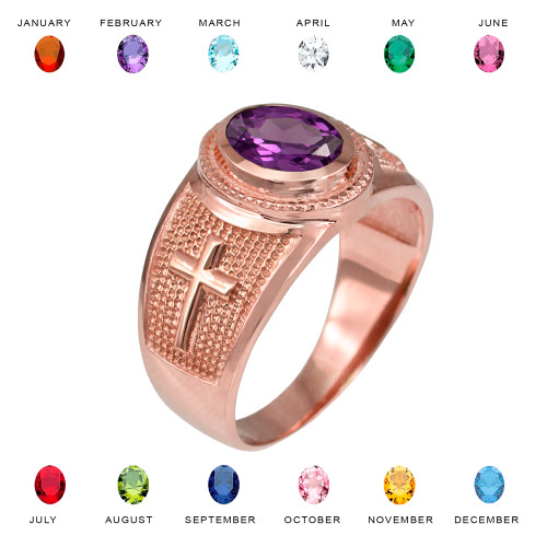 Rose Gold Christian Cross Birthstone CZ Ring