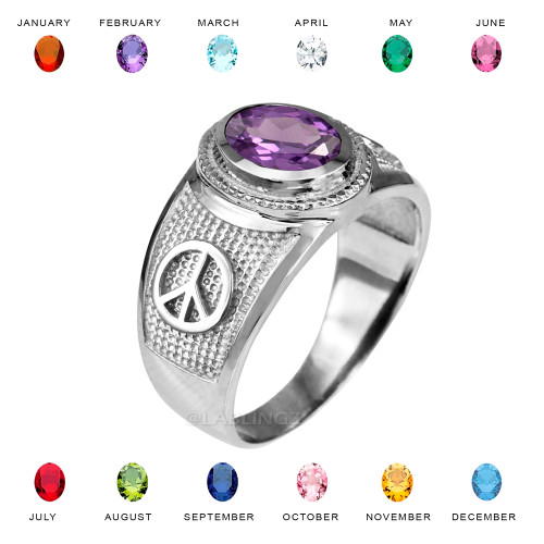 White Gold Peace Sign Band CZ Birthstone Ring