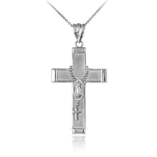 White Gold Virgin Mary Latin Cross Rosary Pendant Necklace