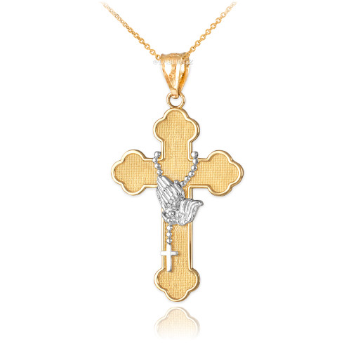 Two-Tone Gold Rosary Cross Prayer Pendant Necklace