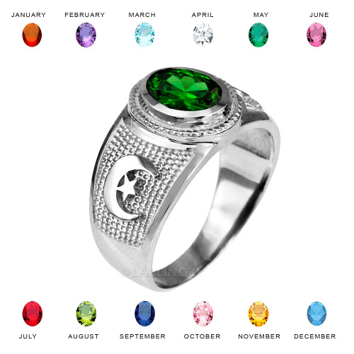 White Gold Islamic Crescent Moon CZ Birthstone Ring