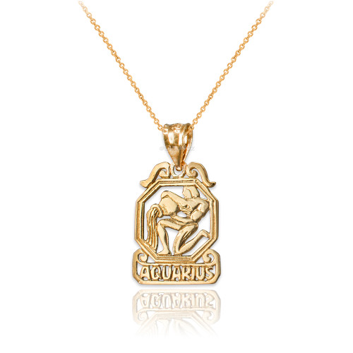 Yellow Gold Open Design Aquarius Zodiac Charm Necklace