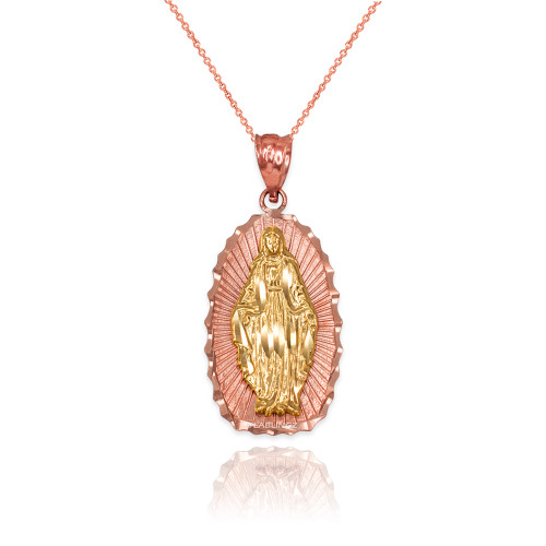 Two-Tone Rose & Yellow Gold Lady of Virgin Mary DC Pendant Necklace