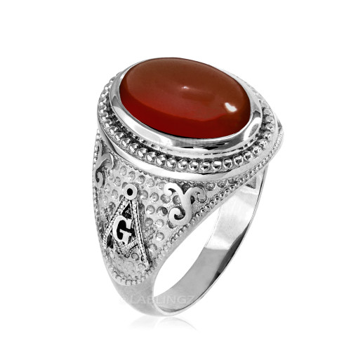 White Gold Masonic Red Onyx Statement Ring