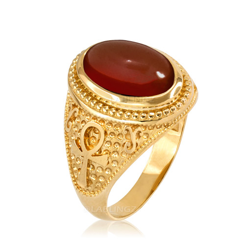 Yellow Gold Egyptian Ankh Cross Red Onyx Statement Ring