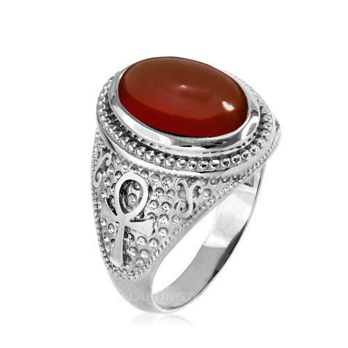 White Gold Egyptian Ankh Cross Red Onyx Statement Ring