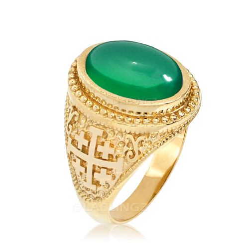 Yellow Gold Jerusalem Cross Green Onyx Gemstone Statement Ring