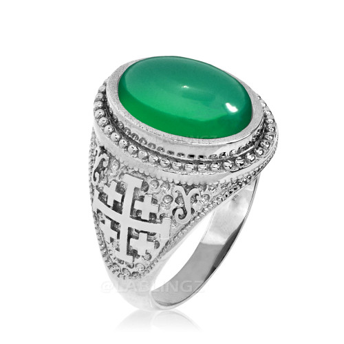 Sterling Silver Jerusalem Cross Green Onyx Gemstone Statement Ring