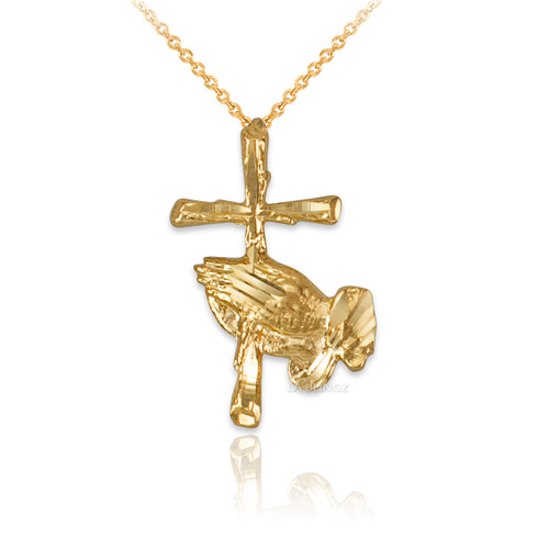 Yellow Gold Praying Hands Cross DC Charm Necklace