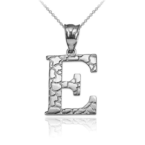 White Gold Nugget Initial Letter "E" Pendant Necklace