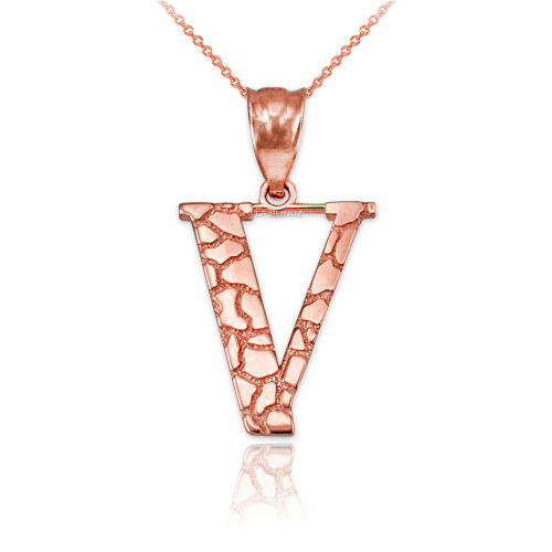 Rose Gold Nugget Initial Letter "V" Pendant Necklace