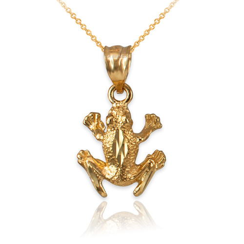 Yellow Gold Textured DC Frog Charm Necklace