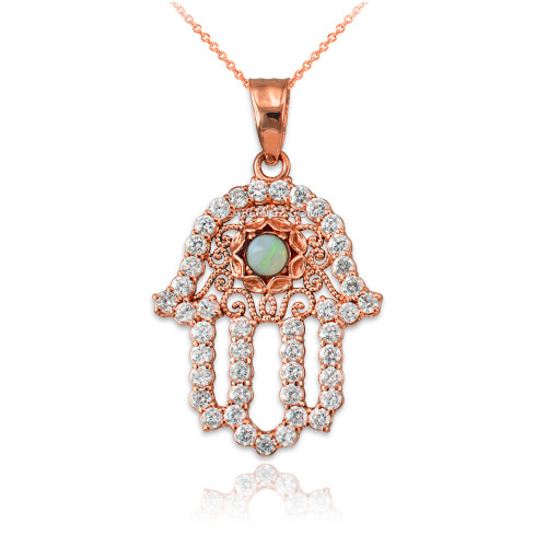 Diamond Studded Rose Gold Filigree White Opal Hamsa Charm Necklace