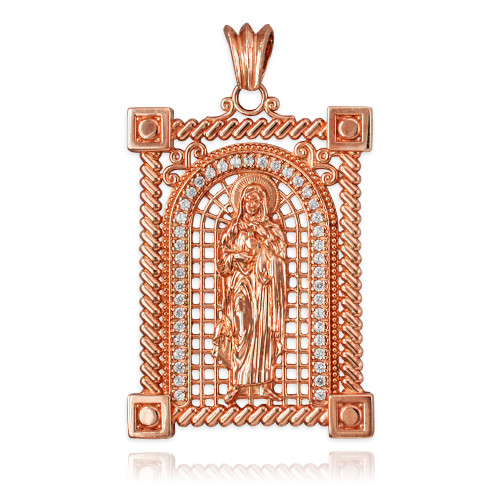 Rose Gold Filigree Virgin Mary Sacred Heart of Jesus CZ Iced Pendant