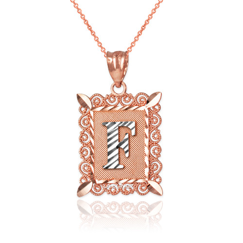 Two-tone Rose Gold Filigree Alphabet Initial Letter "F" DC Pendant Necklace