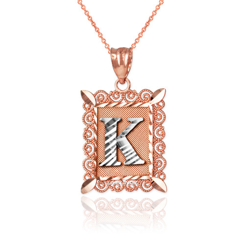 Two-tone Rose Gold Filigree Alphabet Initial Letter "K" DC Pendant Necklace