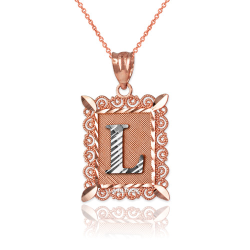 Two-tone Rose Gold Filigree Alphabet Initial Letter "L" DC Pendant Necklace