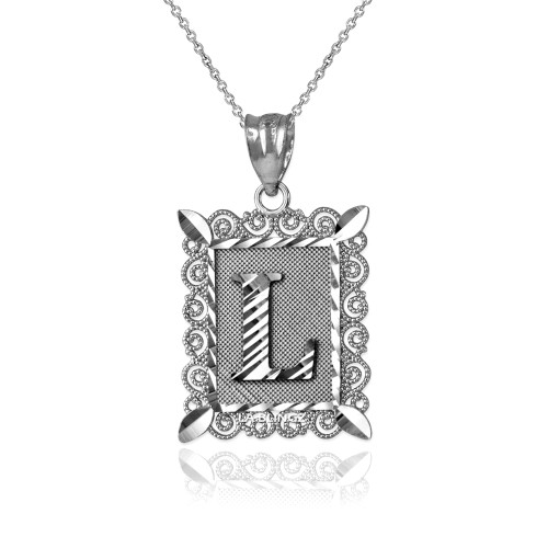 White Gold Filigree Alphabet Initial Letter "L" DC Pendant Necklace
