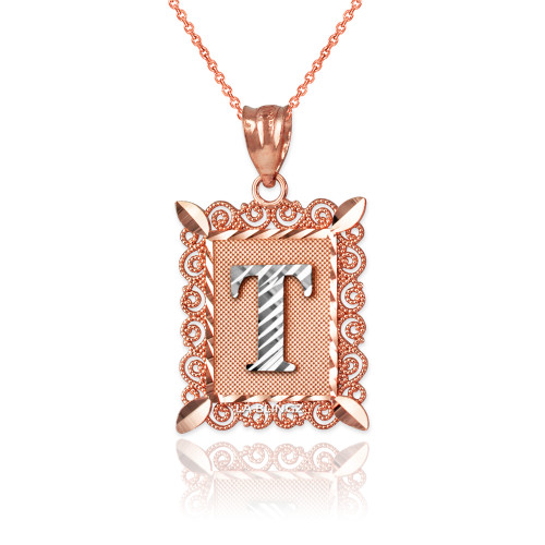 Two-tone Rose Gold Filigree Alphabet Initial Letter "T" DC Pendant Necklace