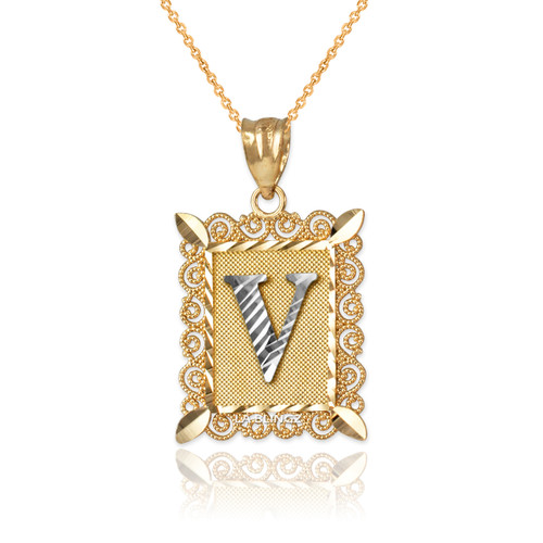 Two-tone Gold Filigree Alphabet Initial Letter "V" DC Pendant Necklace