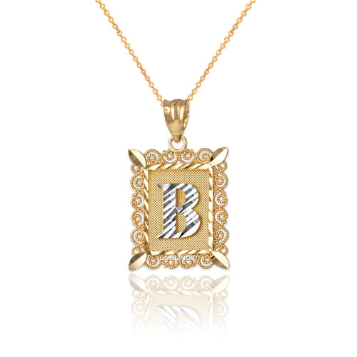 Two-tone Gold Filigree Alphabet Initial Letter "B" DC Charm Necklace