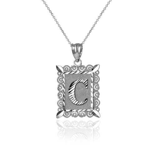 White Gold Filigree Alphabet Initial Letter "C" DC Charm Necklace