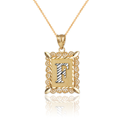 Two-tone Gold Filigree Alphabet Initial Letter "F" DC Charm Necklace