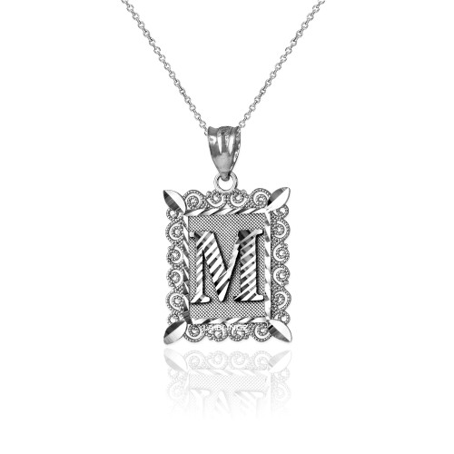 White Gold Filigree Alphabet Initial Letter "M" DC Charm Necklace