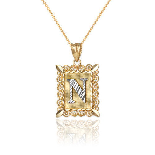 Two-tone Gold Filigree Alphabet Initial Letter "N" DC Charm Necklace