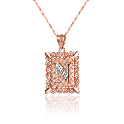 Two-tone Rose Gold Filigree Alphabet Initial Letter "N" DC Charm Necklace