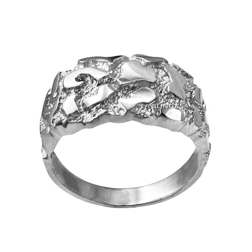 Polished White Gold Mens Nugget Ring