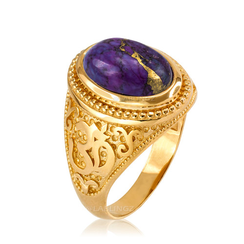 Yellow Gold Om (aum) Oval Purple Copper Turquoise Ring