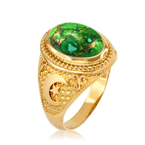 Yellow Gold Islamic Crescent Moon Green Copper Turquoise Ring