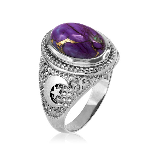 White Gold Islamic Crescent Moon Purple Copper Turquoise Ring