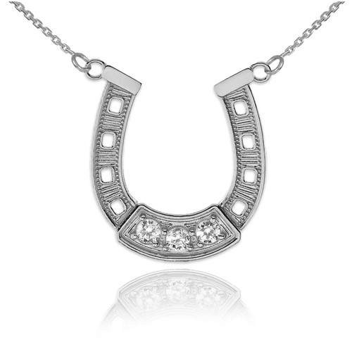 14K White Gold Lucky Horseshoe CZ Necklace