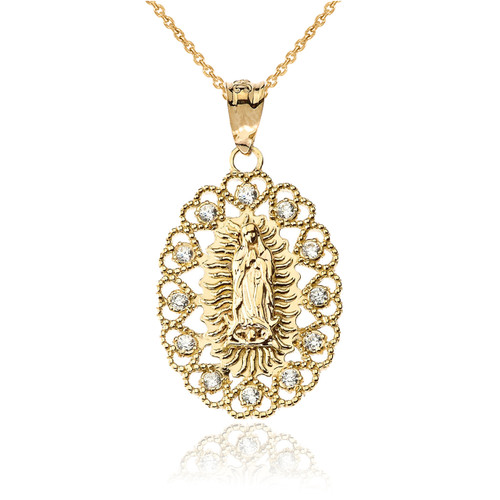 Yellow Gold Virgin Mary Diamond Filigree Pendant Necklace