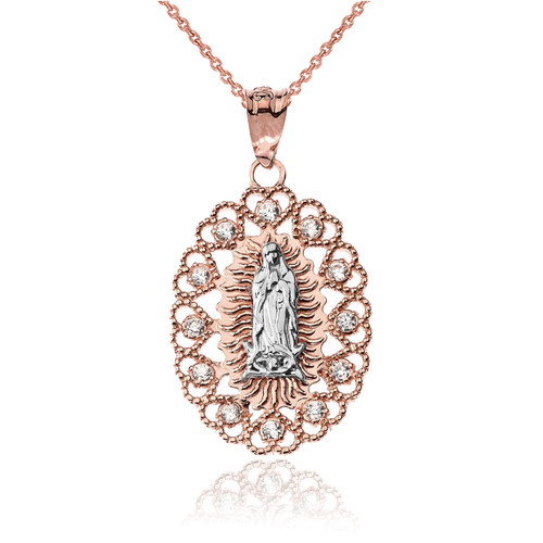 Two-Tone Rose and White Gold Virgin Mary Diamond Filigree Pendant Necklace