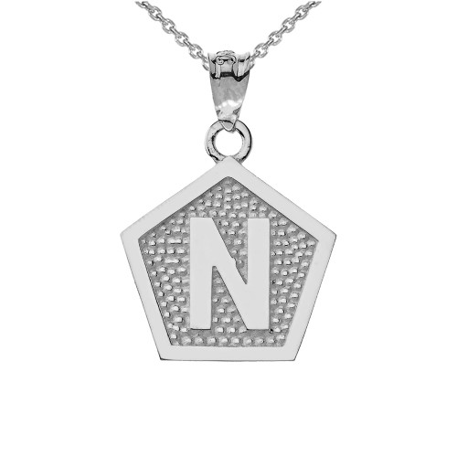 White Gold Letter "N" Initial Pentagon Pendant Necklace