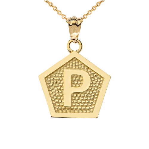 Yellow Gold Letter "P" Initial Pentagon Pendant Necklace