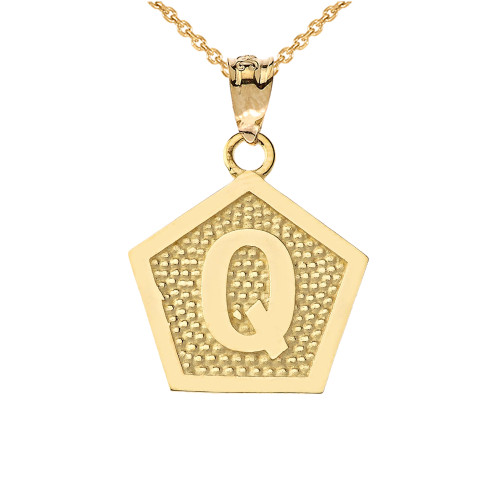 Yellow Gold Letter "Q" Initial Pentagon Pendant Necklace