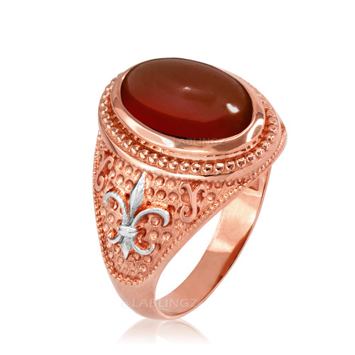 Two-Tone Rose Gold Red Onyx Fleur-De-Lis Gemstone Ring