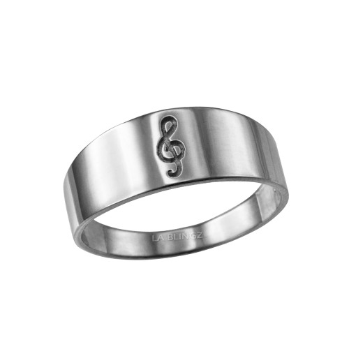 Polished White Gold Treble Clef Music Note Ring Band