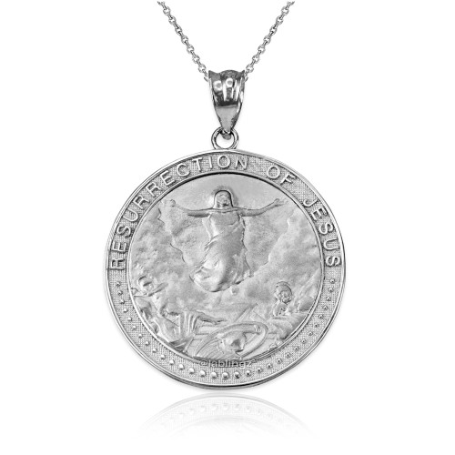 White Gold Resurrection of Jesus Round Medallion Pendant Necklace