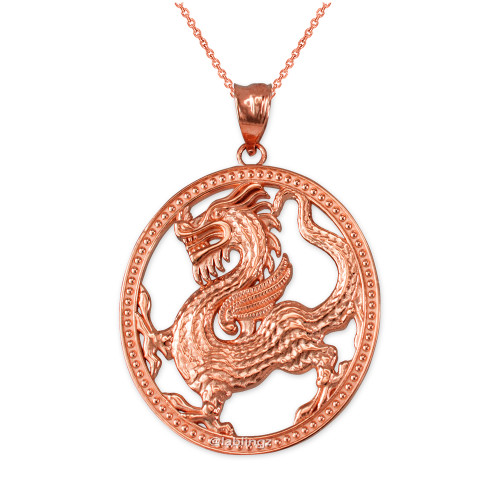 Rose Gold Chinese Dragon Oval Medallion Pendant Necklace